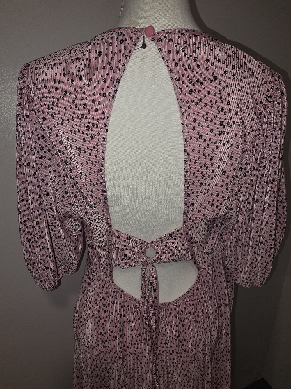NWT ASOS Pink Crinkle Ditsy Floral Print Midi Dress Puff Sleeves Size 12 - Picture 6 of 9